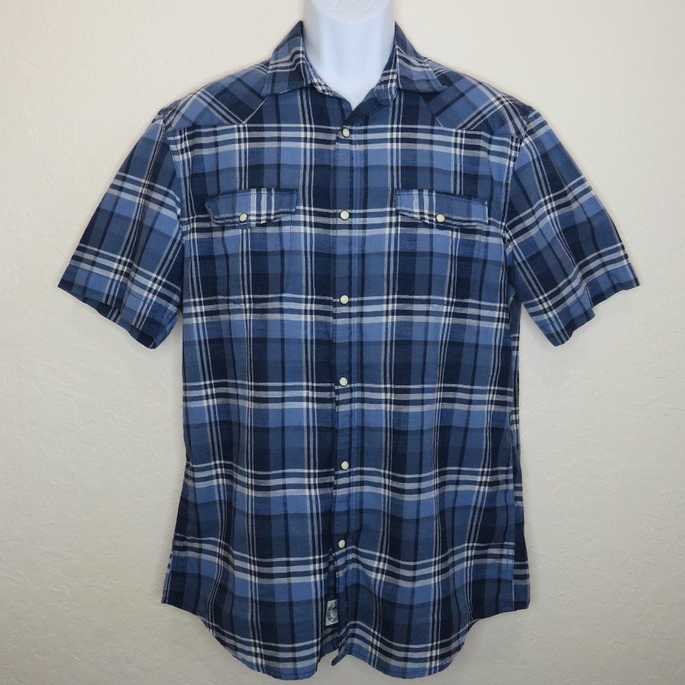 H&M* Men's Short Sleeve Snap Pearl Curved Hem Double Chest Pocket Shirt~ Large